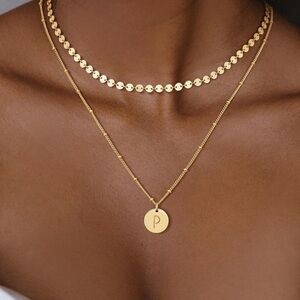 Initial “P” 14K Gold Plated Letter Layered Pendant Necklace NEW in Box